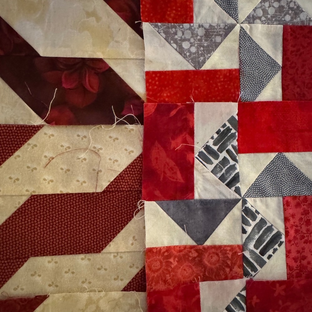 14 Red, Cream, Burgundy & Blue Handmade Quilt Squares 6.5 Inch Fabric Blocks Lot